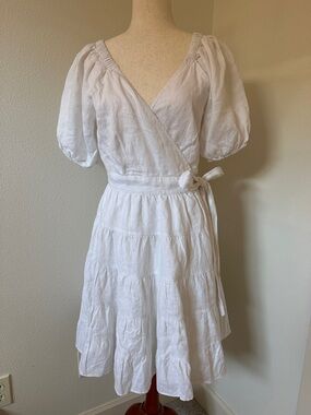 Lilly Pulitzer White Linen Wrap Dress with Puff Sleeves